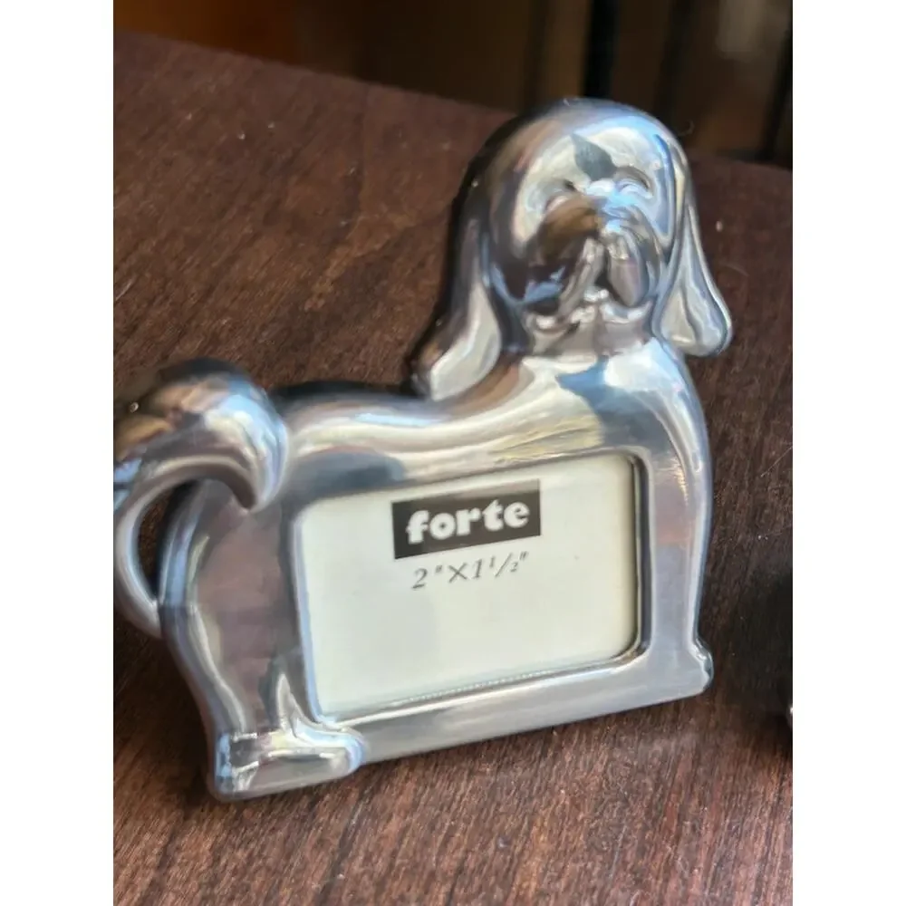 2 vintage Forte brand dog-shaped picture frames silver metal